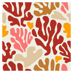 Seamless pattern with bold abstract coral reef shapes in vivid tones of deep red, terracotta, mustard yellow, beige, and pink. Hand-drawn vector background ideal for textile prints, fashion fabrics