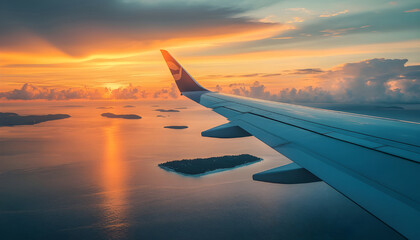Fototapeta premium Airplane wing flying plane jet over tropical islands in ocean, view from window at sunset in summer