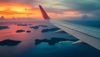 Airplane wing flying plane jet over tropical islands in ocean, view from window at sunset in summer