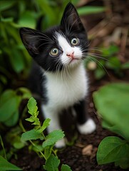 A black and white kitten stands in the garden, surrounded by green leaves and soil, looking up at me with bright eyes. The background is blurred, creating a warm atmosphere. Using macro photography to