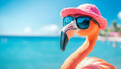 flamingo in glasses and a hat on holiday by the sea