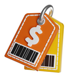 Two price tags with dollar symbol and barcode showing discounts and savings on transparent background