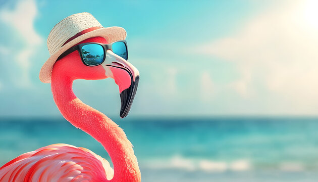 flamingo in glasses and a hat on holiday by the sea
