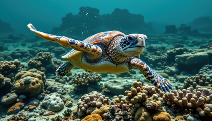 Obraz premium timeless turtle photographed in a swimming pose in a coral reef, in a classic wildlife photography style, with marine green tones, underwater light, high resolution