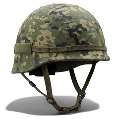 Detailed Camouflage Combat Helmet with Straps and Shadow, Angled View.