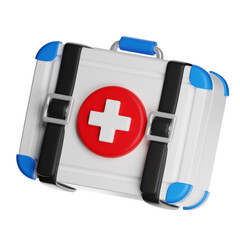 White and blue first aid kit closed with red cross symbol on transparent background