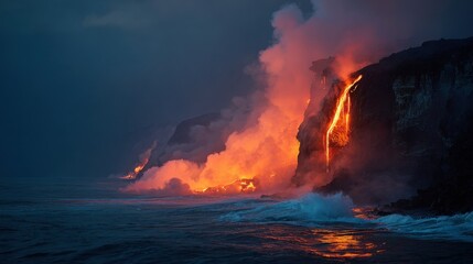 Fototapeta premium Lava Flowing into Ocean A Hot and Fiery Spectacle