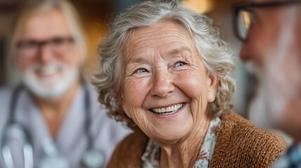 Two cheerful seniors talking with a nurse in a nursing home, clean clinical setting with copy space for healthcare and communication themes