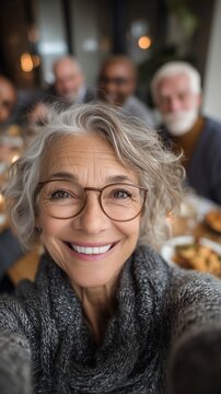 Vertical shot of happy seniors taking group selfie in cafeteria with minimal decor, ideal for social or community content