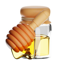 Honey dripping from wooden dipper into glass jar on transparent background