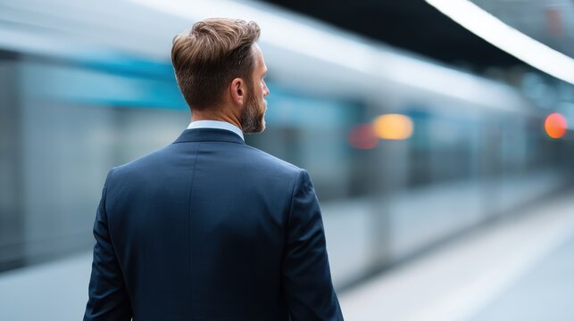 A businessman in a suit stands with his back to the camera, looking at a blurred train, he appears to be waiting on the platform.