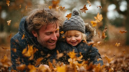 Father and son playing joyfully in autumn park surrounded by fallen leaves, happy expressions, outdoor family fun