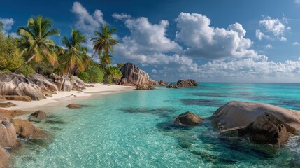 Idyllic Beach With Turquoise Water Under The Cloudy Sky
