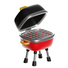 Red portable barbecue grill with open lid on transparent background