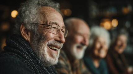 Obraz premium Group of laughing seniors in coffeehouse with soft lighting