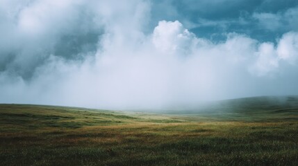 Misty Green Hills under Cloudy Sky with Expansive Fog