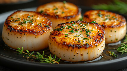 Crispy pan-seared scallops on dark plate, herbs in background