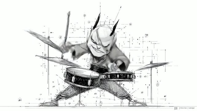 Cartoon devil intensely playing a drum kit rendered in a sketchlike style on a white background