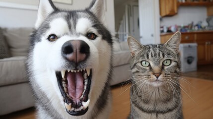 Obraz na płótnie Canvas A husky dog bares its teeth, a tabby cat sits calmly, a close-up shot of pets in a home setting.