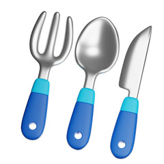 Fork, spoon, and knife cutlery set with blue handles on transparent background