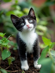 A black and white kitten stands in the garden, surrounded by green leaves and soil, looking up at me with bright eyes. The background is blurred, creating a warm atmosphere. Using macro photography to