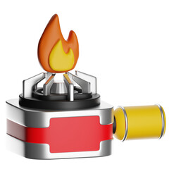 Portable camping stove burning with yellow and red flame on transparent background