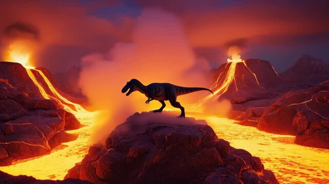 Dinosaur Roars on Lava Island Amid Volcanic Eruption at Dusk