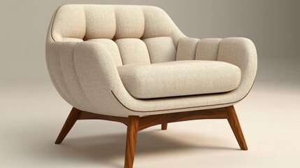 Elegant beige upholstered armchair with curved design and wooden legs