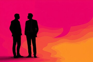 Silhouettes of Two Businessmen in Conversation Against a Vibrant Abstract Background