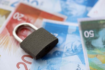 Israel New Shekels banknotes and padlock. The current Israel money bills and lock lies on table
