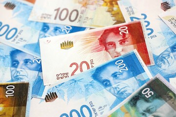 Israel New Shekels banknotes. The current Israel money bills lies on table in big amount