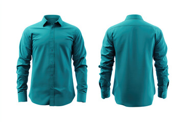 Teal shirt showcases clean style. Front and back views display confident design