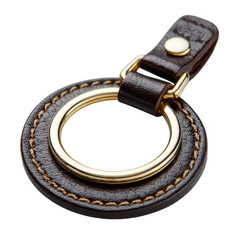 Brown leather keyring with gold ring isolated on transparent background
