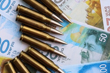 Israel New Shekels banknotes and bullets. The current Israel money bills and ammo