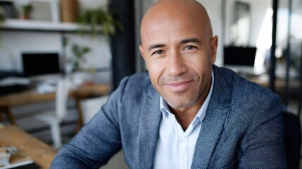 Naklejka premium Confident hispanic businessman smiling in modern office