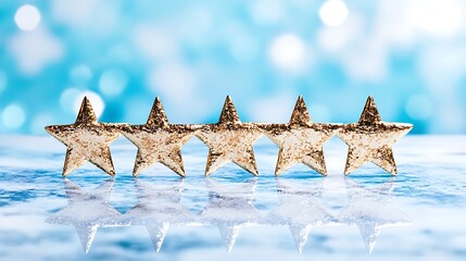Five gold stars are lined up on a shiny white and blue surface with a bright blue background