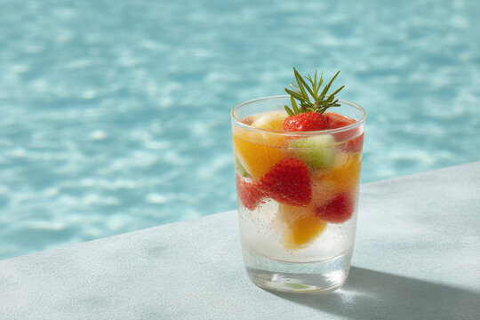 refreshing cocktail named green oasis adorned with exotic fruits placed on light table beside serene pool