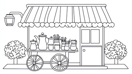 Naklejka premium Black and white drawing of a street food cart. Simple design of a covered cart with various containers, 