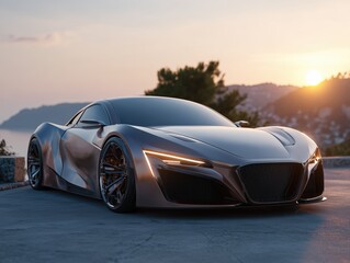 Naklejka premium Futuristic luxury sports car with aerodynamic design and glossy metallic finish parked on scenic coastal road at sunset