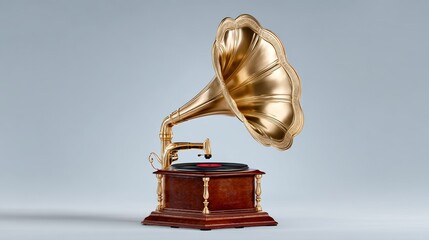 Gold record player with a red record on it. The record player is sitting on a wooden base