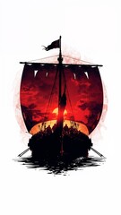 Silhouette of a viking ship sailing on water against a red sunset with people on board the ship