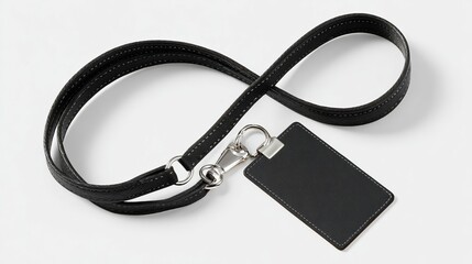 Black leather lanyard with a key chain and a black ID card. The lanyard is hanging on a white background