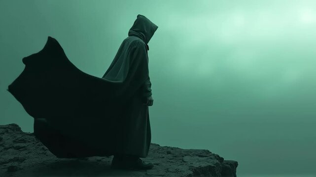 Person in hooded cloak on a clifftop.
