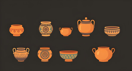 Pottery set vector, Ceramic pots illustration, Clay pottery icons, Handmade pottery clipart, Traditional pottery vector, Set of clay jars, Decorative pottery art, Pottery collection vector, Rustic pot