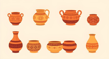 Pottery set vector, Ceramic pots illustration, Clay pottery icons, Handmade pottery clipart, Traditional pottery vector, Set of clay jars, Decorative pottery art, Pottery collection vector, Rustic pot