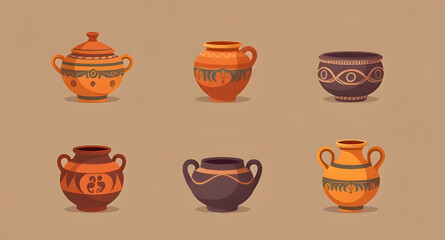 Pottery set vector, Ceramic pots illustration, Clay pottery icons, Handmade pottery clipart, Traditional pottery vector, Set of clay jars, Decorative pottery art, Pottery collection vector, Rustic pot