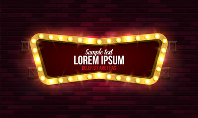 Shining retro billboard on brick wall background. Vintage bright sign board for your design. Vector illustration.