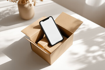 open cardboard box with neatly arranged product on white table, smartphone showing delivery confirmation screen