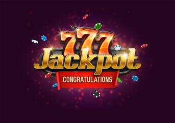 Shining sign Jackpot with lucky sevens and chips on a bright background. Vector illustration.