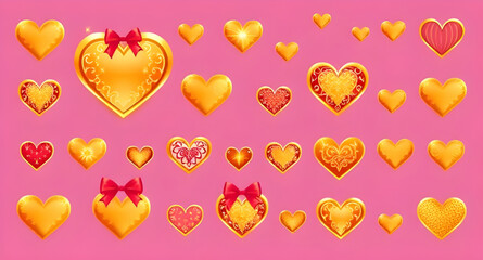 Set of golden hearts, Golden heart icons, Shiny gold hearts, Gold heart collection, Metallic heart set, Gold love symbols, Golden heart clipart, Sparkling golden hearts, Glossy heart icons, Gold heart